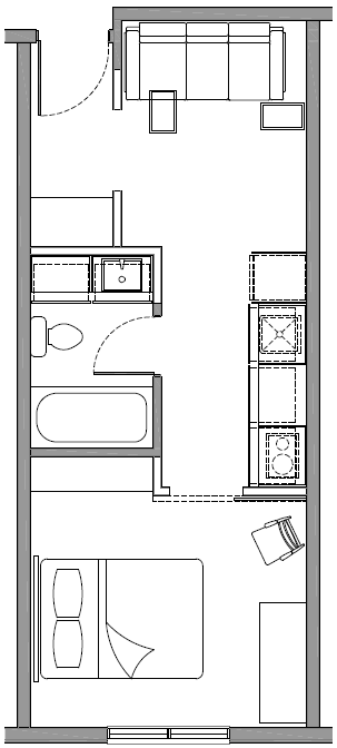 a floor plan of a small house with a bedroom and a living room